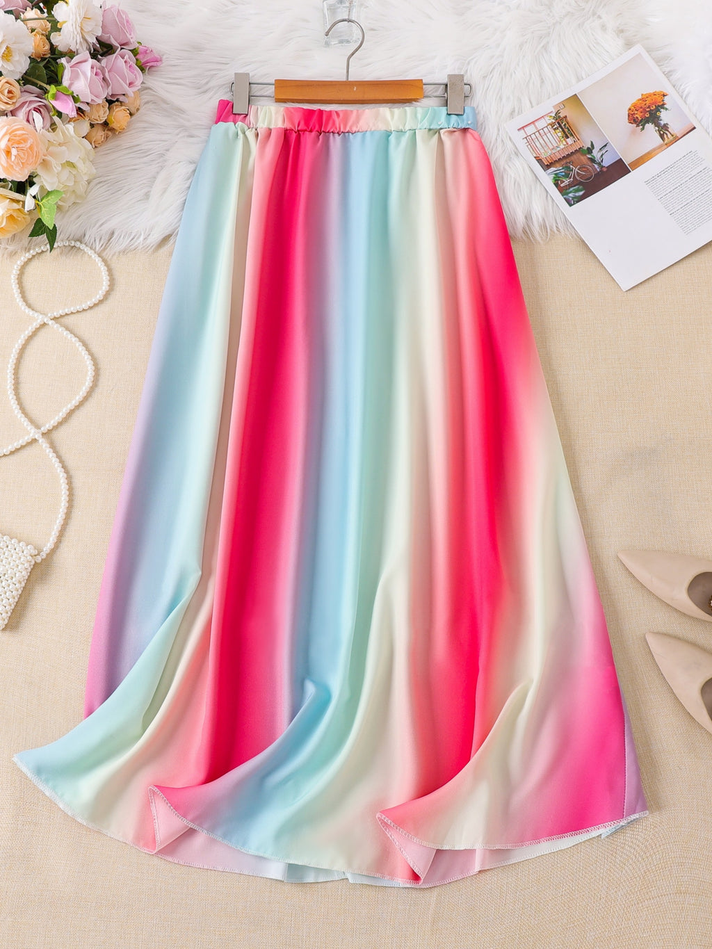 Plus Size Ombre Print Elastic Waist Skirt, Casual Skirt For Spring & Summer, Women's Plus Size Clothing