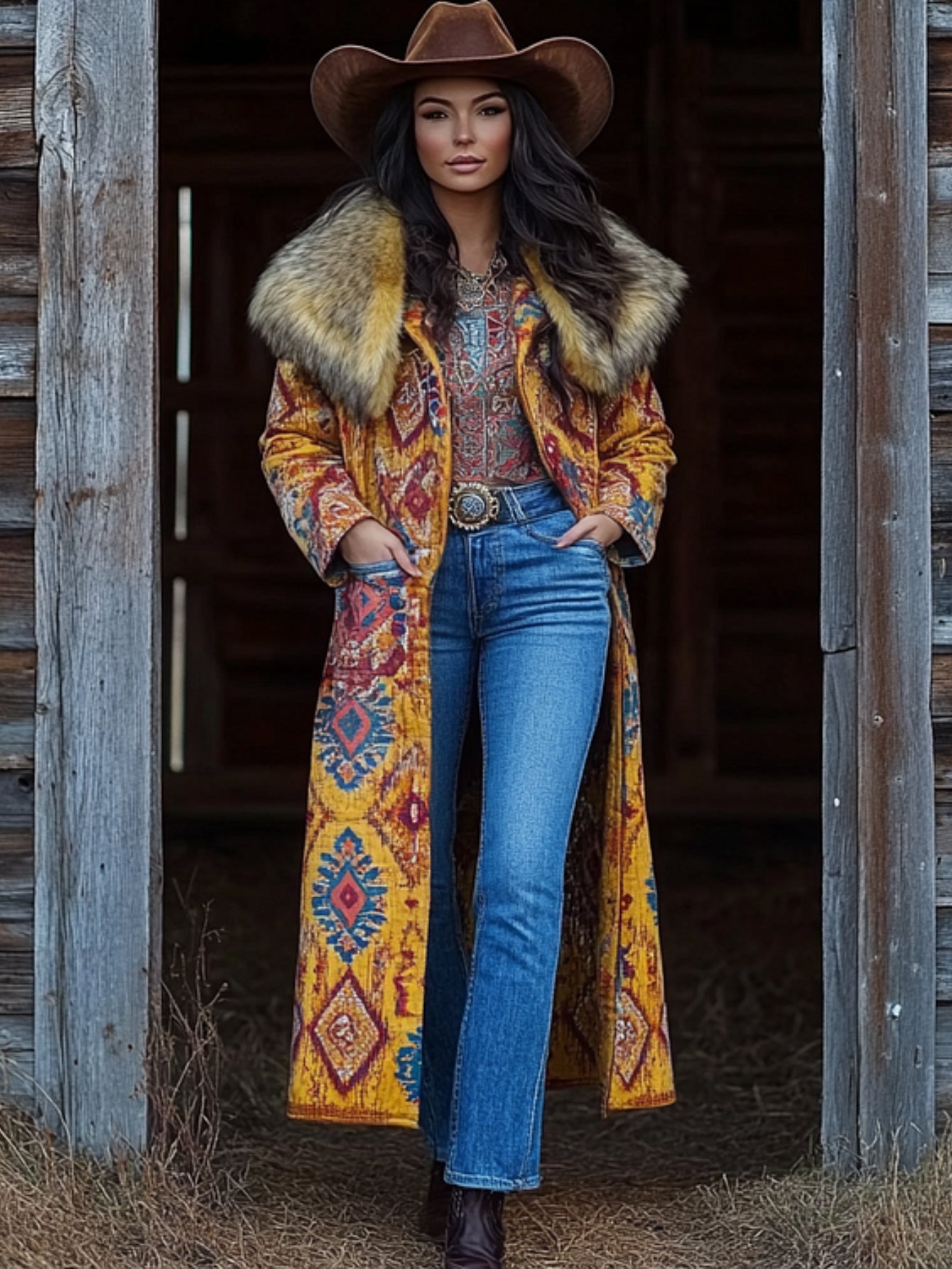 Women'S Elegant Western Style Floral Print Jacket with Large Faux Fur Collar - All-Season Warm Long Coat, Button Front Closure & Vibrant Multicolor Design (Turquoise/Red/Orange/Yellow/Pink) for Casual & Formal Outfits - Durab