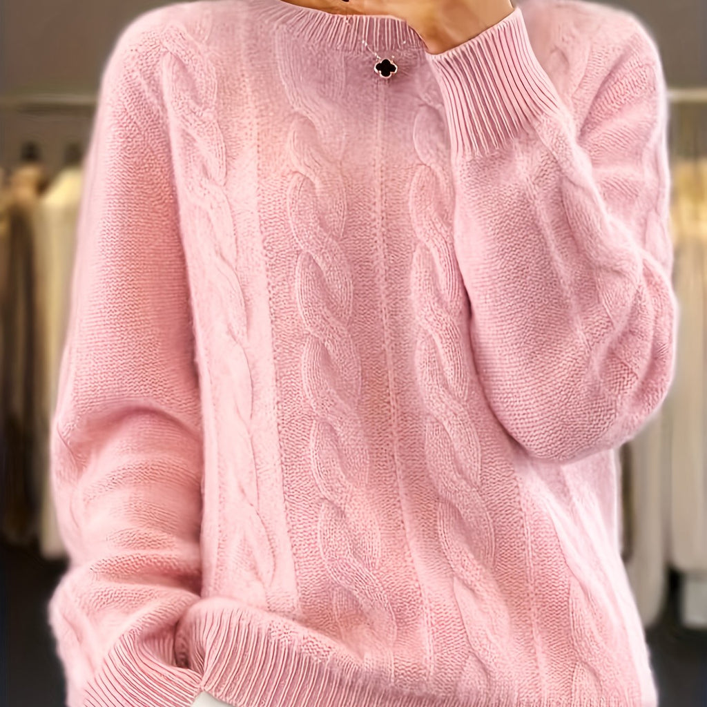 Plus Size Solid Cable Knit Crew Neck Sweater, Elegant Long Sleeve Sweater For Fall & Winter, Women's Plus Size Clothing