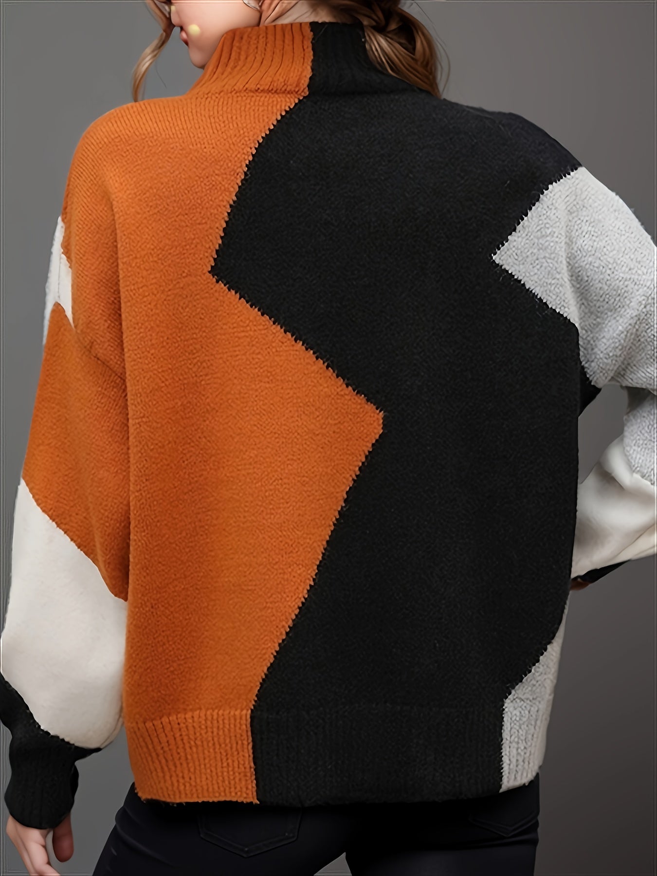 Plus Size Color Block Turtle Neck Sweater, Long Sleeve Elegant Sweater For Spring & Winter, Women's Plus Size Clothing