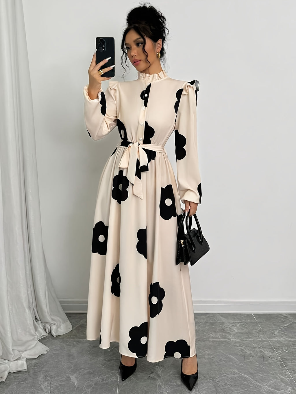 Elegant Floral Print Long Sleeve Dress with Stand Collar and Waist Detail, Polyester A-Line Maxi Dress, with Lantern Sleeves and Ruffle Hem, for Spring/Fall
