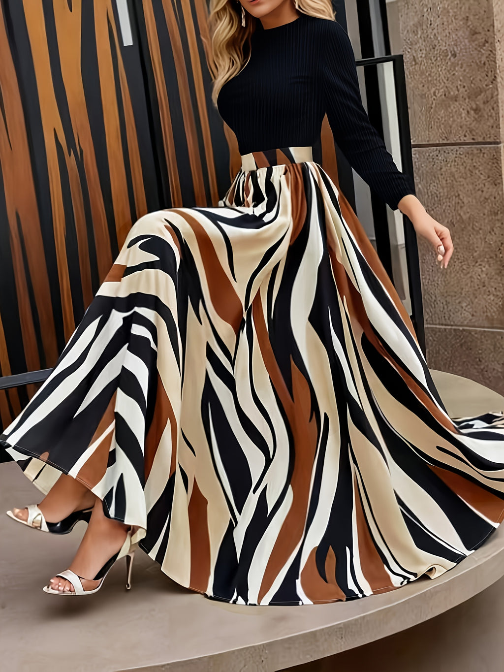 Women's Casual A-Line Dress with Geometric Print & Elastic Waistband - Long Sleeve Round Neck Machine Washable Spring/Fall Dress in Black/Beige/Brown/White, Long Sleeve Maxi Dress, Spring Fashion, Flowing Skirt, Patterned Out