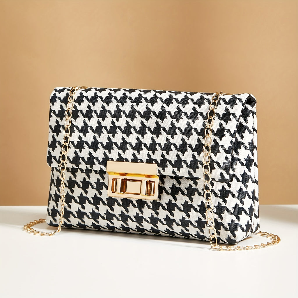 Houndstooth Crossbody Bag, Fashion Chain Shoulder Bag, Women's Flap Square Purse With Lock