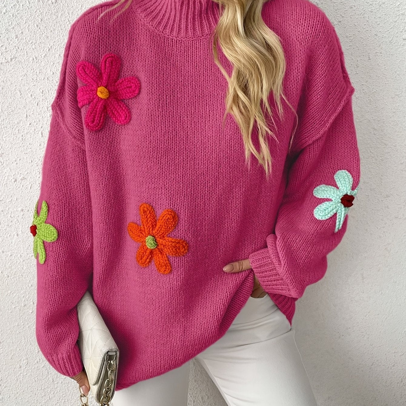 Plus Size Floral Applique Knit Sweater, Casual Long Sleeve High Neck Top For Fall & Winter, Women's Plus Size Clothing