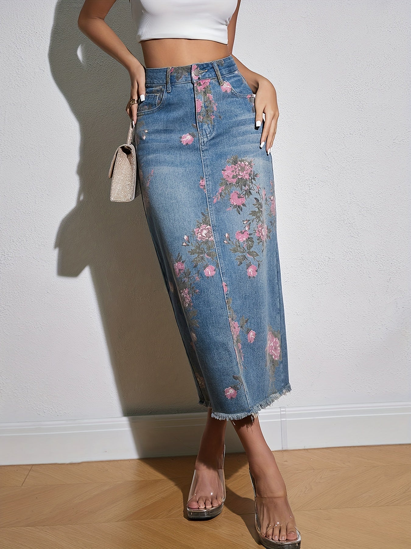 Floral Print Raw Hem Maxi Denim Skirt, Elegant Whiskering Slash Pocket High Rise Denim Skirt, Women's Denim Jeans & Clothing