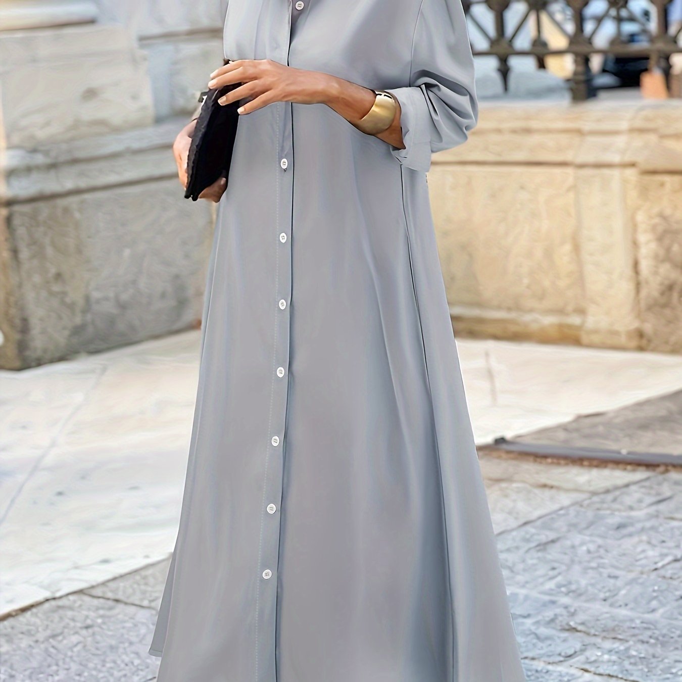 Stylish Plus Size Button Front Polo Collar Long Sleeve Dress - Women's Plus Size Clothing, Casual Solid Color Dresses for Work or Daily Wear - Easy to Match and Comfortable to Wear