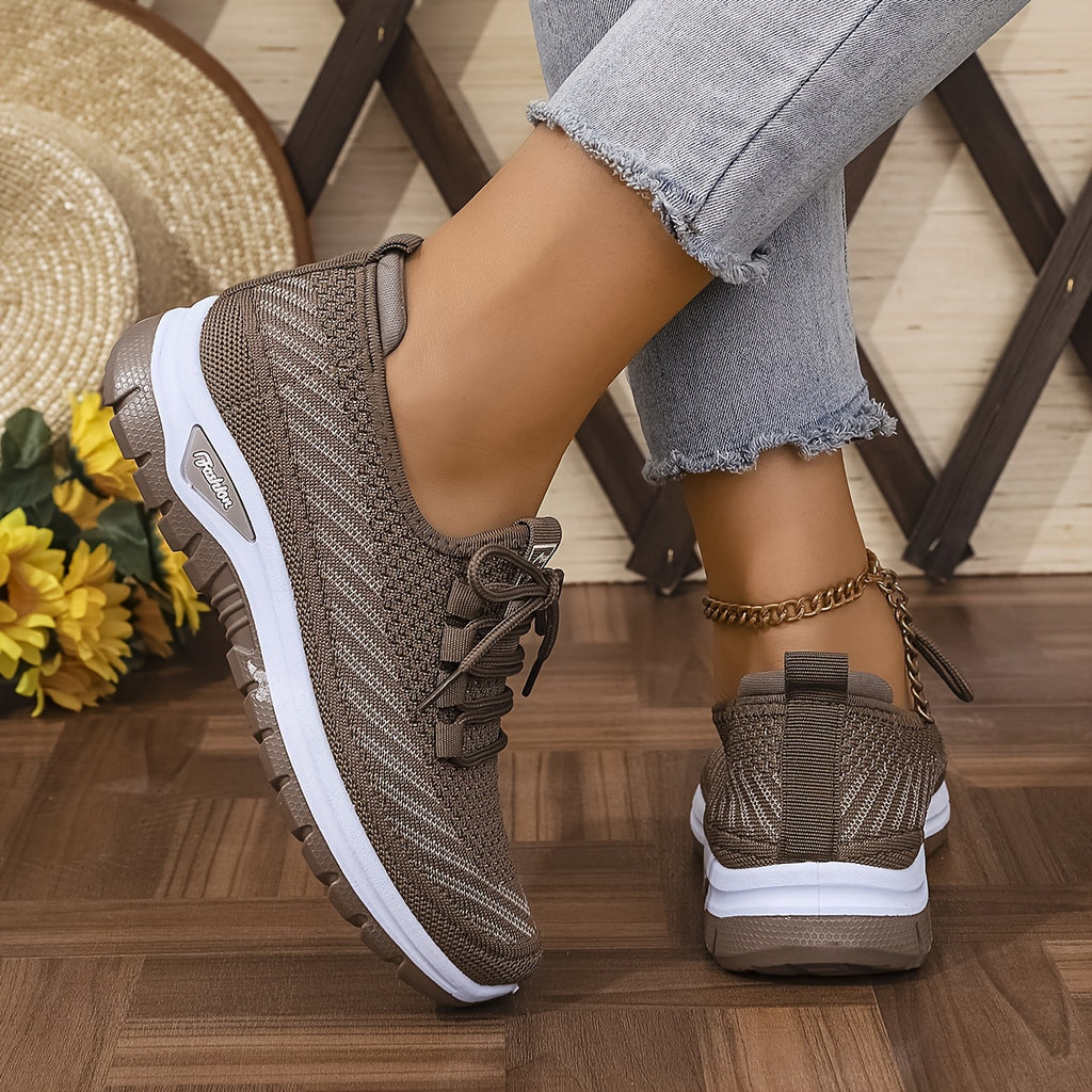 Women'S Breathable Casual Sports Shoes, Knitted Striped Pattern Lace-Up Comfortable Travel Sneakers, Outdoor Anti-Slip Lightweight Walking Beach Vacation Tennis Shoes, Women'S Sneaker, High Cut Shoe Without Lace, Aerobics Dan