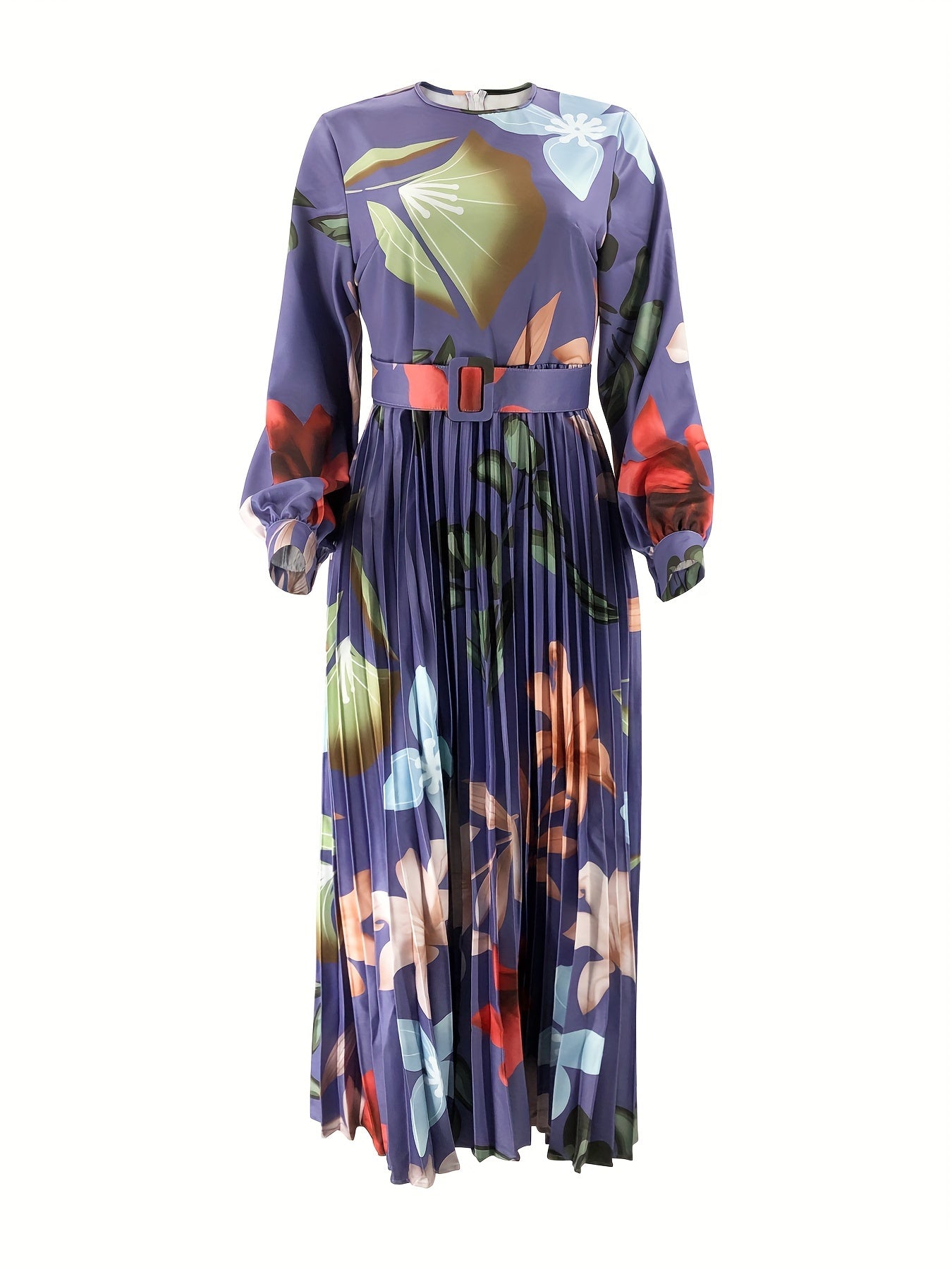 Elegant Floral Pleated Maxi Dress for Women - Long Sleeve, Belted Waist, Polyester & Spandex Blend, Machine Washable