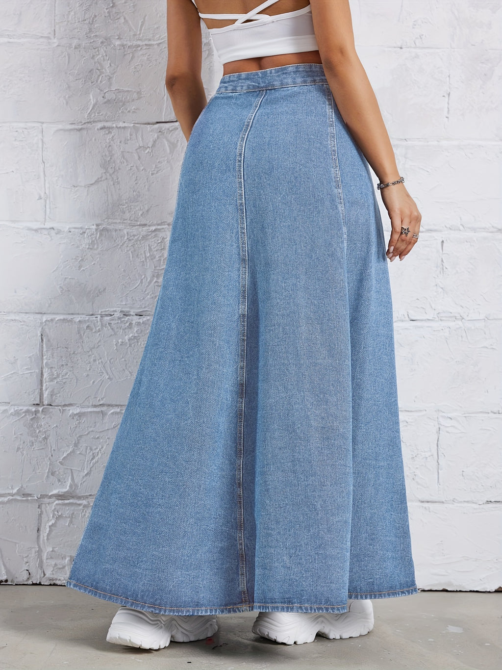 Plain Washed Blue Denim Skirt, Elegant High Rise Maxi Denim Skirt, Women's Denim Jeans & Clothing