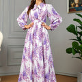 Ramadan Chic - Floral Print Tie Neck Kaftan Abayas - Adjustable Belted Maxi Dress with Full-Length Sleeves - Elegant Womens Ramadan Clothing