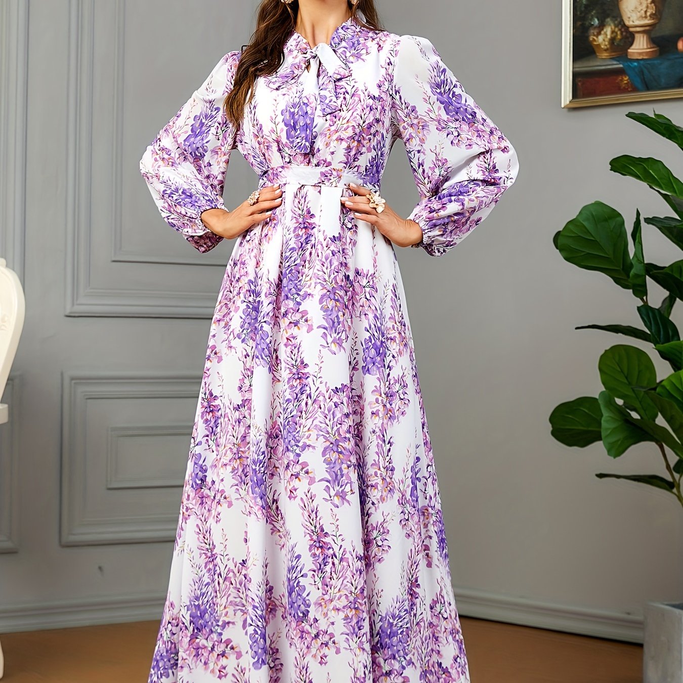 Ramadan Chic - Floral Print Tie Neck Kaftan Abayas - Adjustable Belted Maxi Dress with Full-Length Sleeves - Elegant Womens Ramadan Clothing
