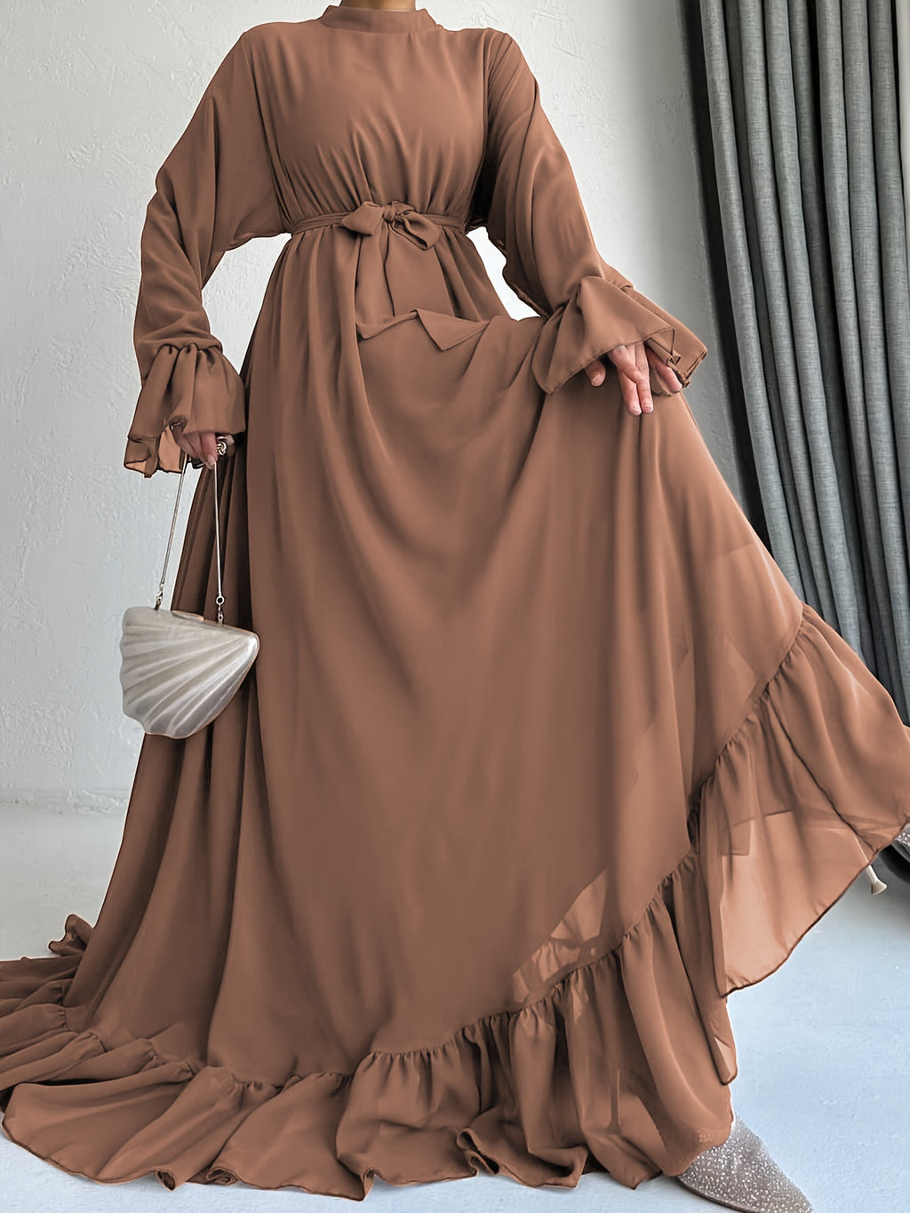 Stunning Solid Color Belted Peplum Maxi Dress - Elegant Abayas for Women with Long Sleeves, Pleated Design, and Flattering Silhouette for Spring and Fall Seasons - Chic and Modest Clothing for Ladies