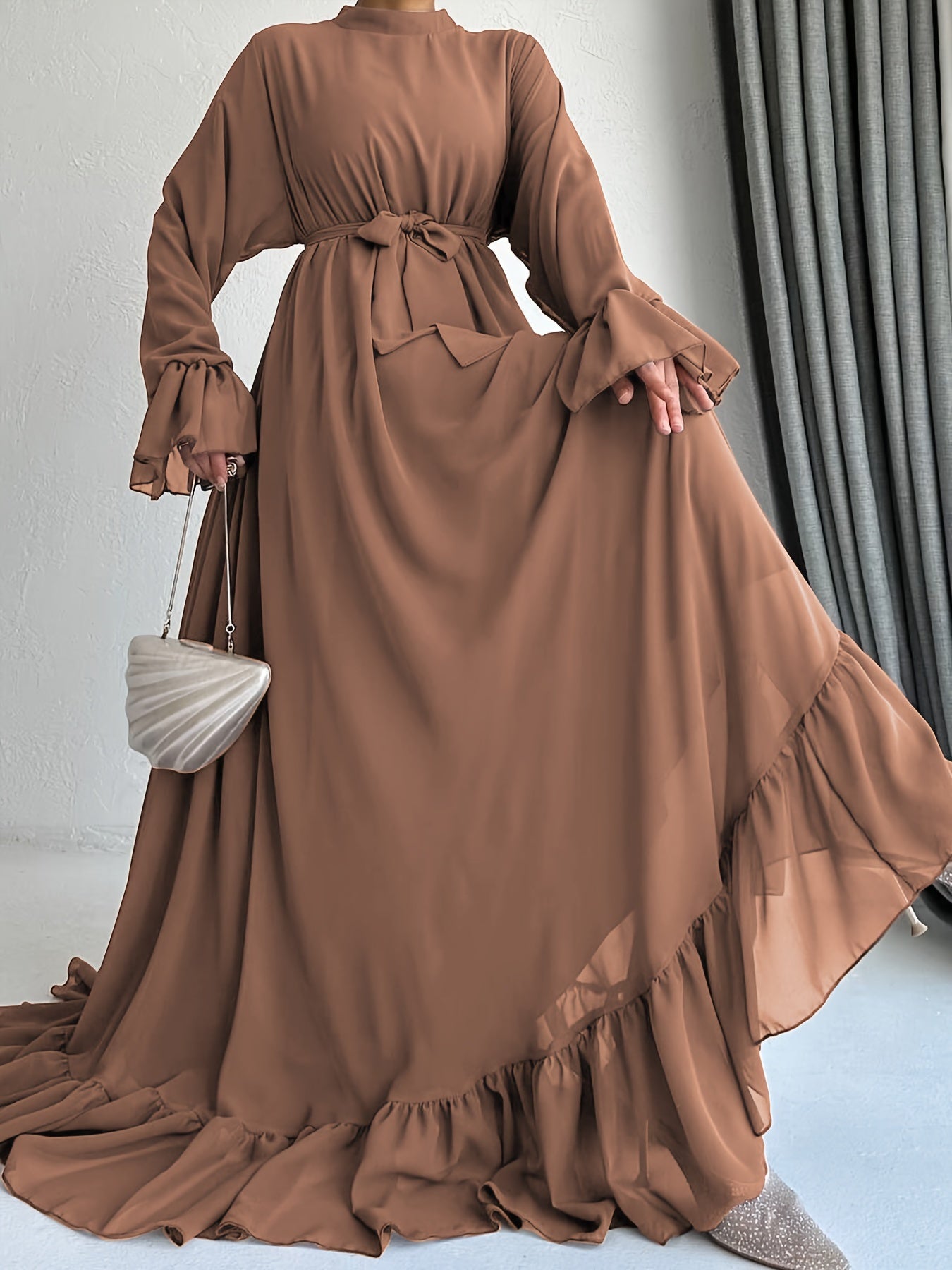 Stunning Solid Color Belted Peplum Maxi Dress - Elegant Abayas for Women with Long Sleeves, Pleated Design, and Flattering Silhouette for Spring and Fall Seasons - Chic and Modest Clothing for Ladies