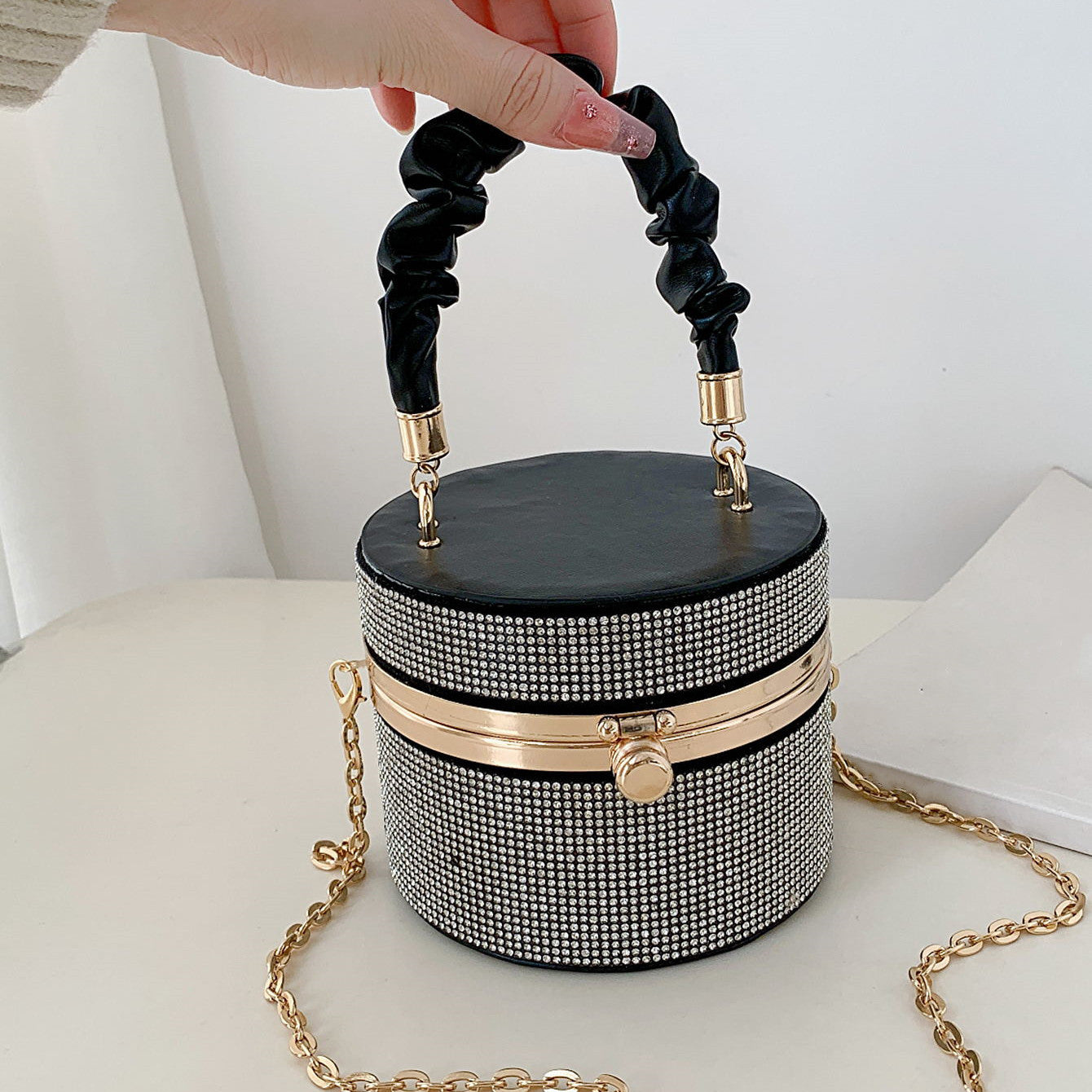 Mini Allover Rhinestone Handbag, Ruched Detail Evening Bucket Bag, Stylish Chain Shoulder Purse For Party (3.9*4.7*4.7) Inch - Rhinestone & Chain Detail - Perfect for Evening Events & Parties - Ideal Gift for Women -  For Car