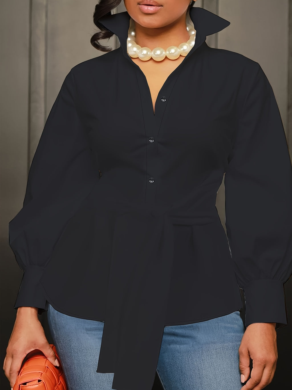 [Plus Size Solid Collar Shirt] Plus Size Solid Collared Shirt, Casual Long Sleeve Button Front Shirt, Women's Plus Size Clothing