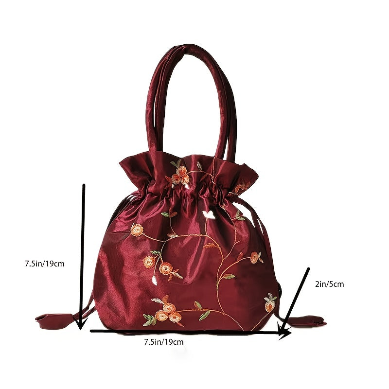 1pc Elegant Floral Clutch for Wo/Chic Drawstring Bucket Bag/Polyester Lining/Perfect for Coins & Phone/White & Pink/Cute Purse