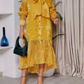 Plus Size Solid Color Dress, Casual Long Sleeve Tie Neck Button Front Ruffle Hem Dress For Spring & Summer, Women's Plus Size Clothing