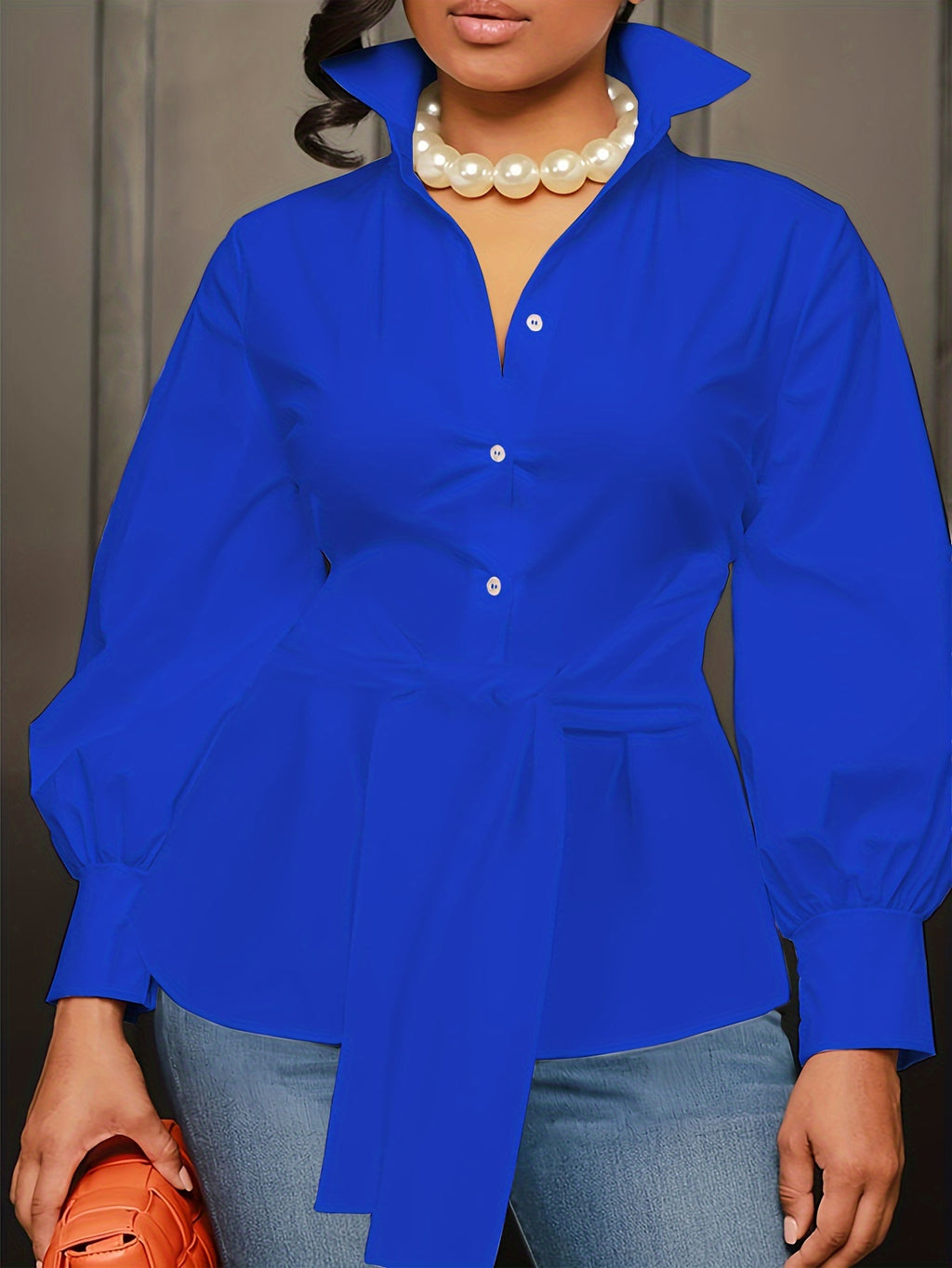 [Plus Size Solid Collar Shirt] Plus Size Solid Collared Shirt, Casual Long Sleeve Button Front Shirt, Women's Plus Size Clothing