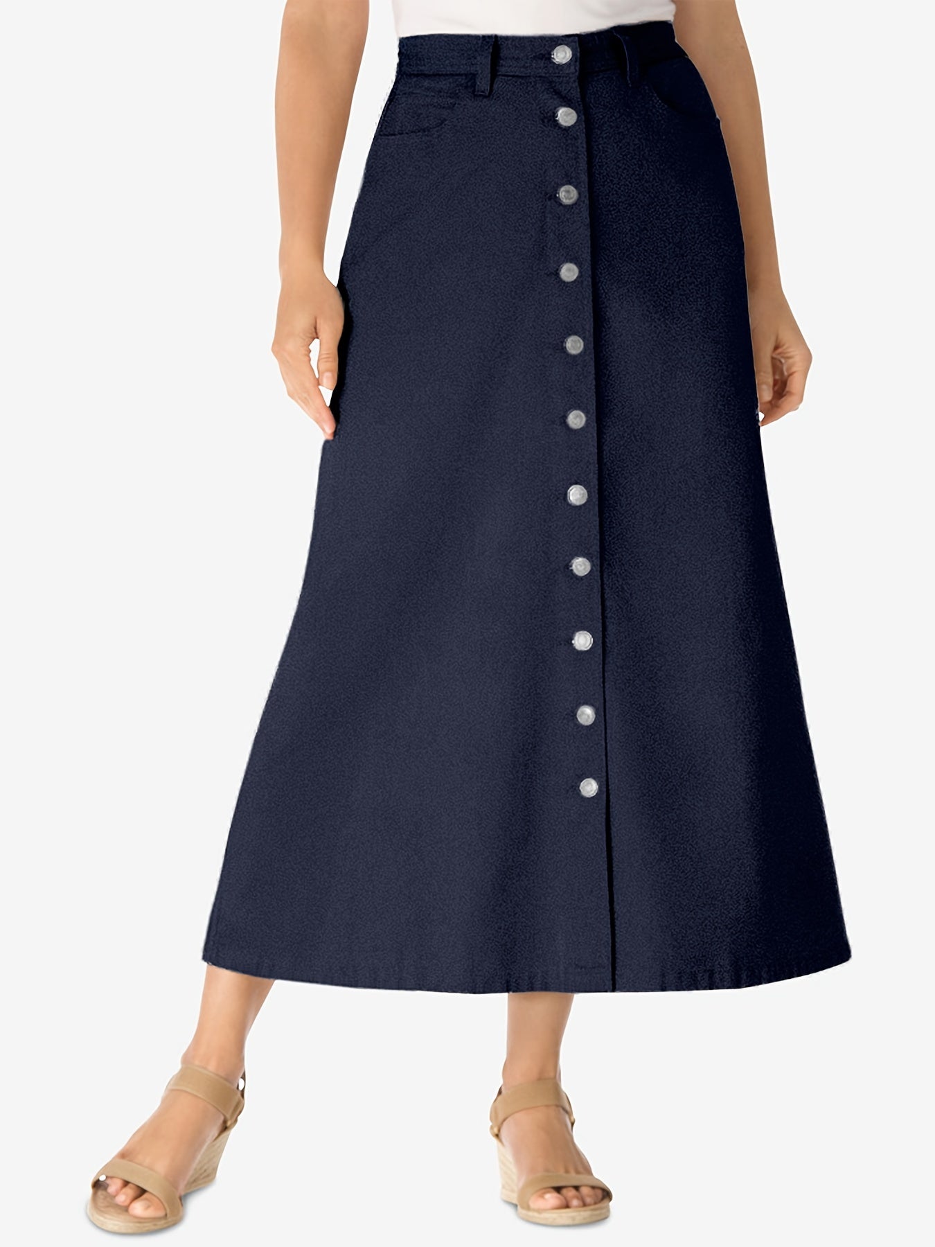 Women's Plus Size Perfect Plain Dark Washed Blue Button-Front Casual A-Line Maxi Denim Skirt