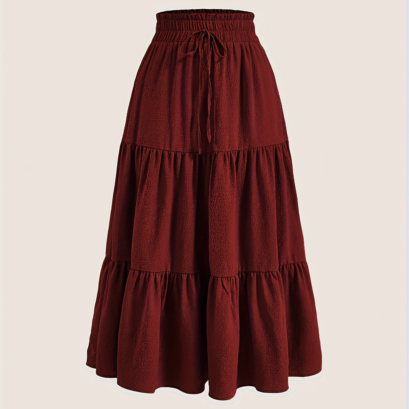Plus Size Solid Tiered Skirt, Casual Drawstring Elastic Waist Midi Skirt, Women's Plus Size Clothing