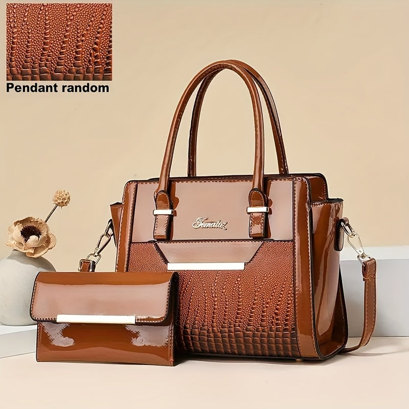2Pcs Stylish Crocodile Print Womens Bag Set - Fashion Tote & Coin Purse - Solid Colors, Multi-layer Design for Organized Commuting