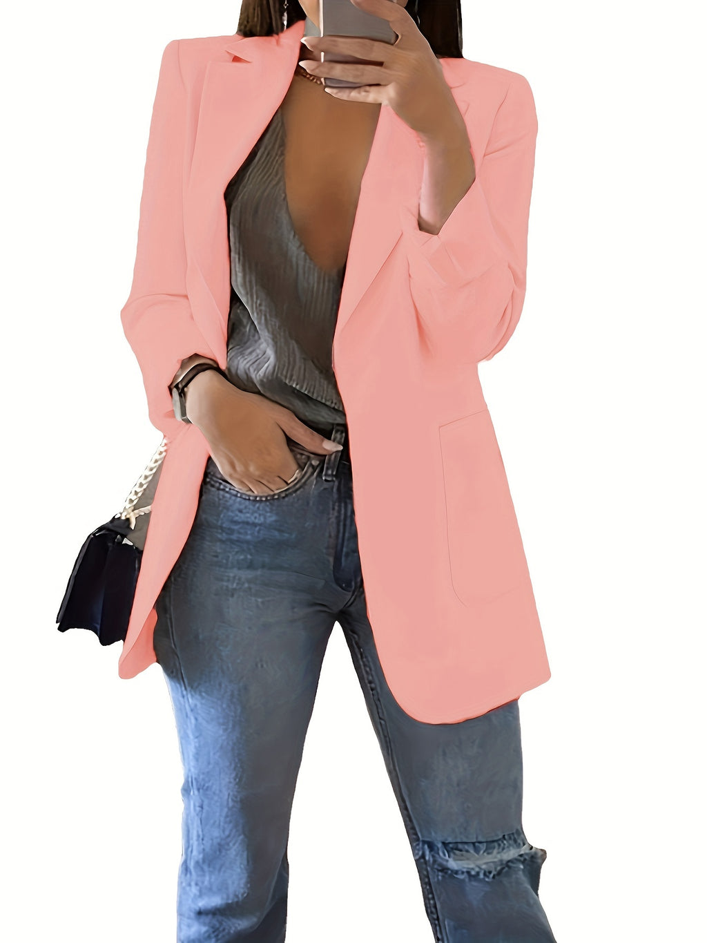 Plus Size Solid Open Front Blazer, Elegant Lapel Long Sleeve Blazer For Office & Work, Women's Plus Size Clothing