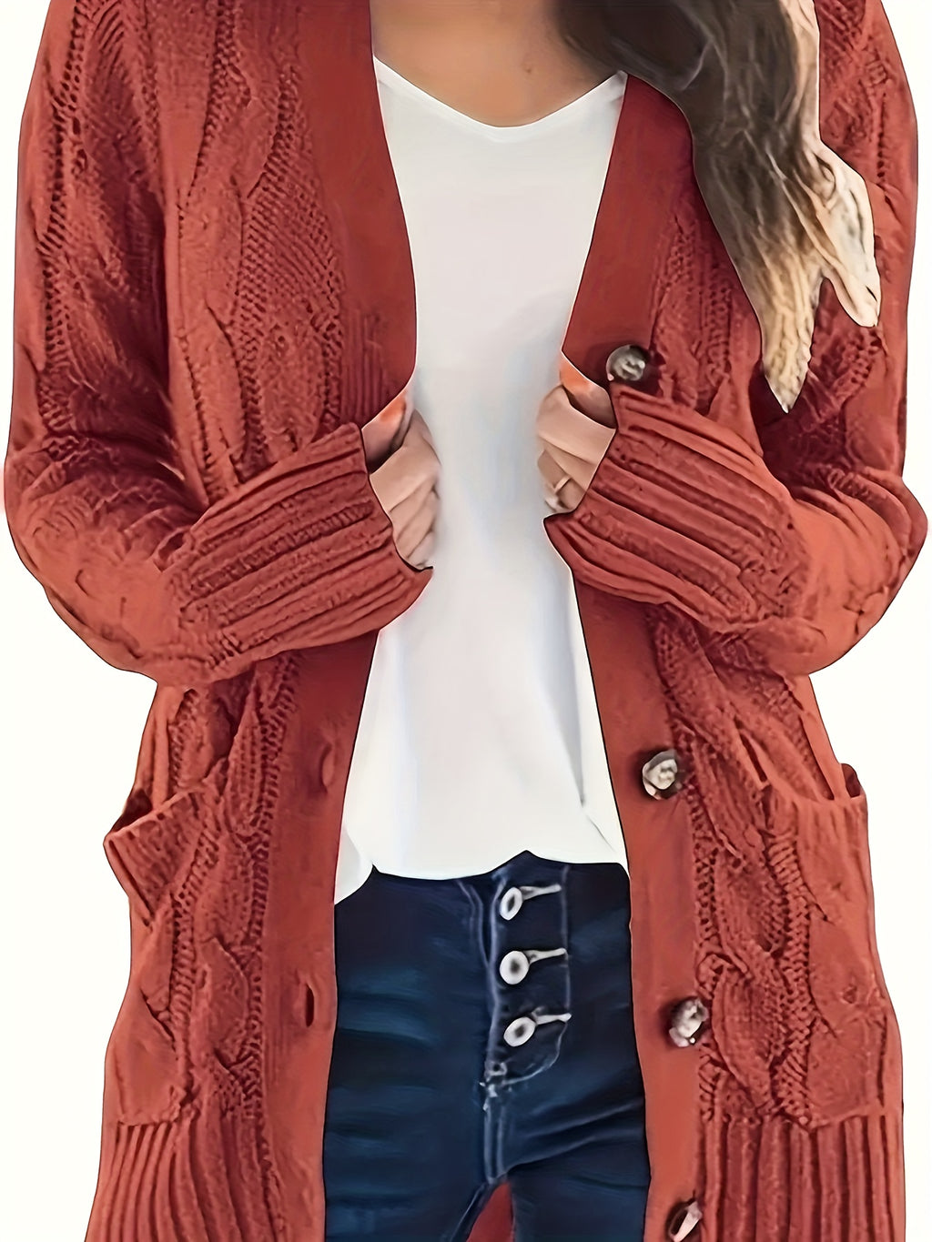 Plus Size Side Pockets Button Front Cardigans, Casual V Neck Solid Color Long Sleeve Cable Knit Cardigans Top For Winter & Fall, Women's Plus Size Clothing