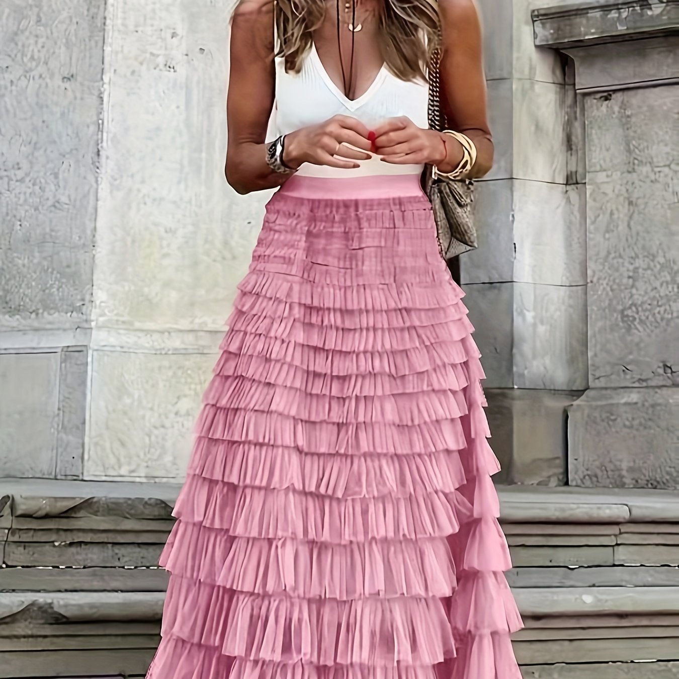 Mesh Layered Hem Skirt, Boho High Waist Skirt, Women's Clothing
