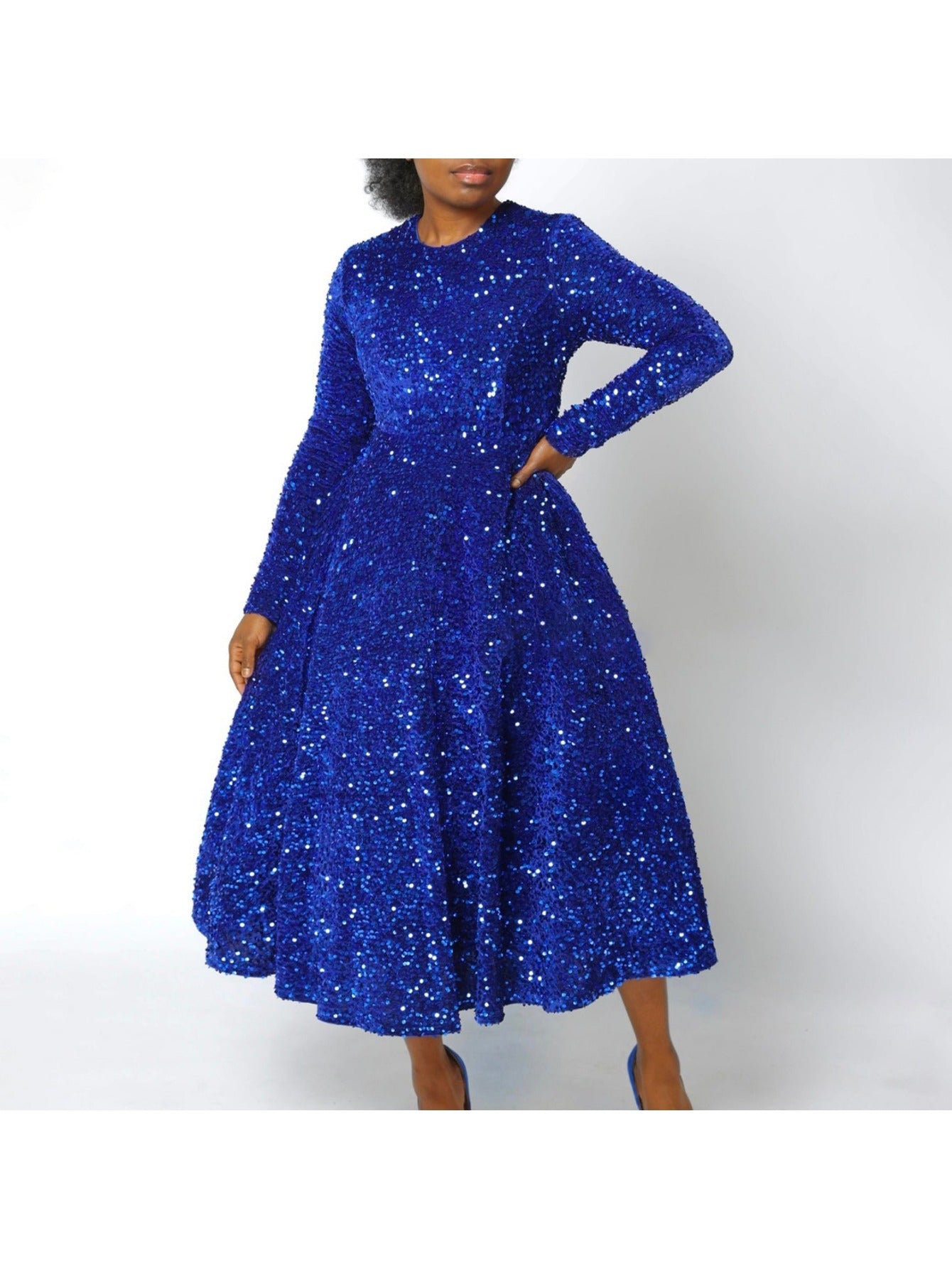 Elegant Plus Size Sequin Maxi Dress for Women - Long Sleeve, A-Line Flared Party & Cocktail Gown with Sparkle Glitter Detail