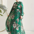 [Modest Kaftan Dress] Modest Long Sleeve Floral Print Kaftan Dress | Women's Pleated Flowy Maxi Dress, Clothing