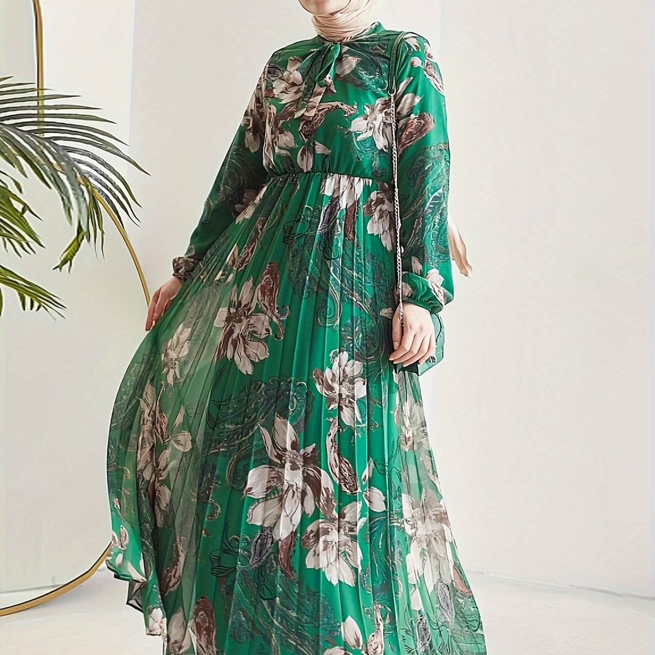 [Modest Kaftan Dress] Modest Long Sleeve Floral Print Kaftan Dress | Women's Pleated Flowy Maxi Dress, Clothing
