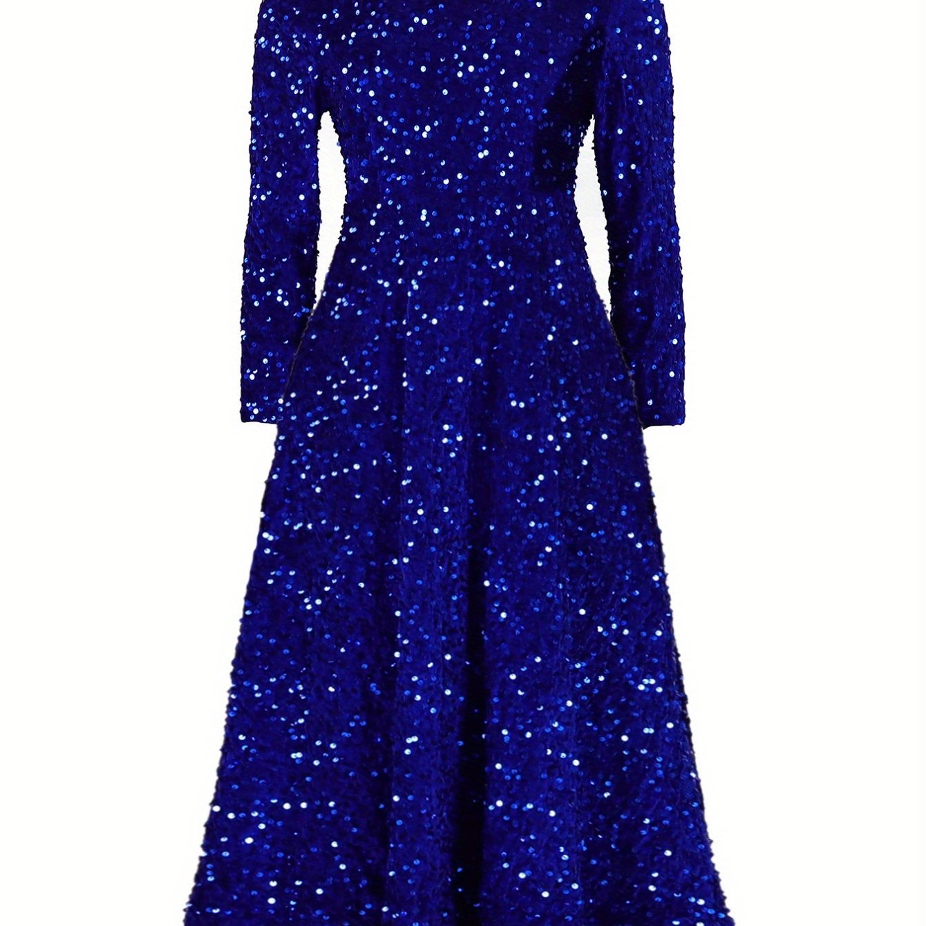 Elegant Plus Size Sequin Maxi Dress for Women - Long Sleeve, A-Line Flared Party & Cocktail Gown with Sparkle Glitter Detail