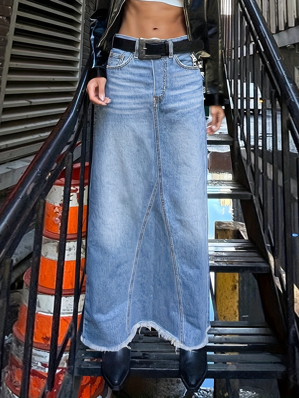 Raw Hem Slash Pocket Maxi Denim Skirt, Plain Washed Blue Whiskering Denim Skirt, Women's Denim Jeans & Clothing