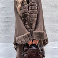 Plus Size Fuzzy Trim Solid Cape Coat, Elegant Paneled Open Front Warm Outerwear For Fall & Winter, Women's Plus Size Clothing