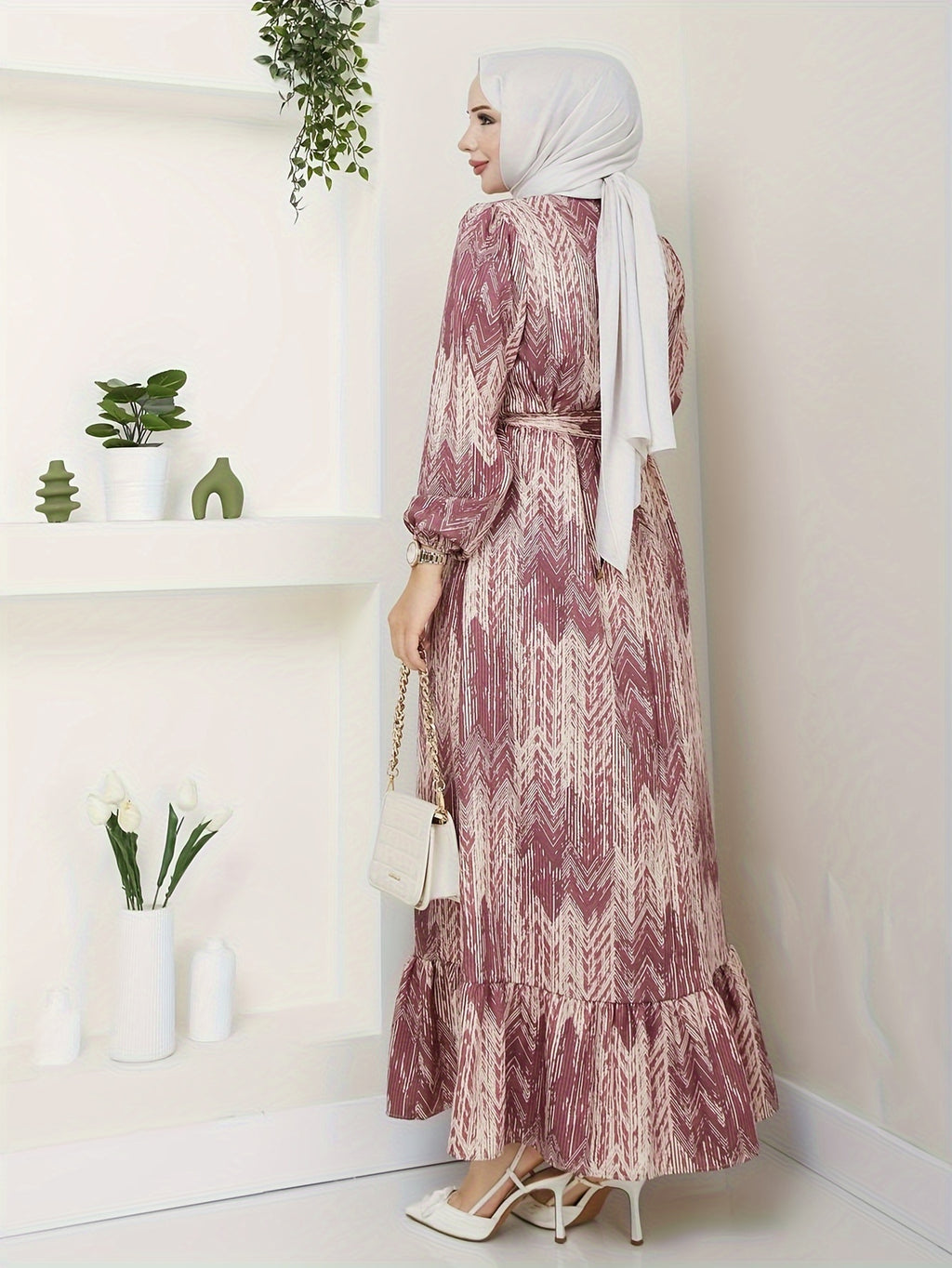 Elegant Floral Print Maxi Dress with Tie Waist - Crew Neck, Long Sleeve, Machine Washable - Perfect for All Seasons