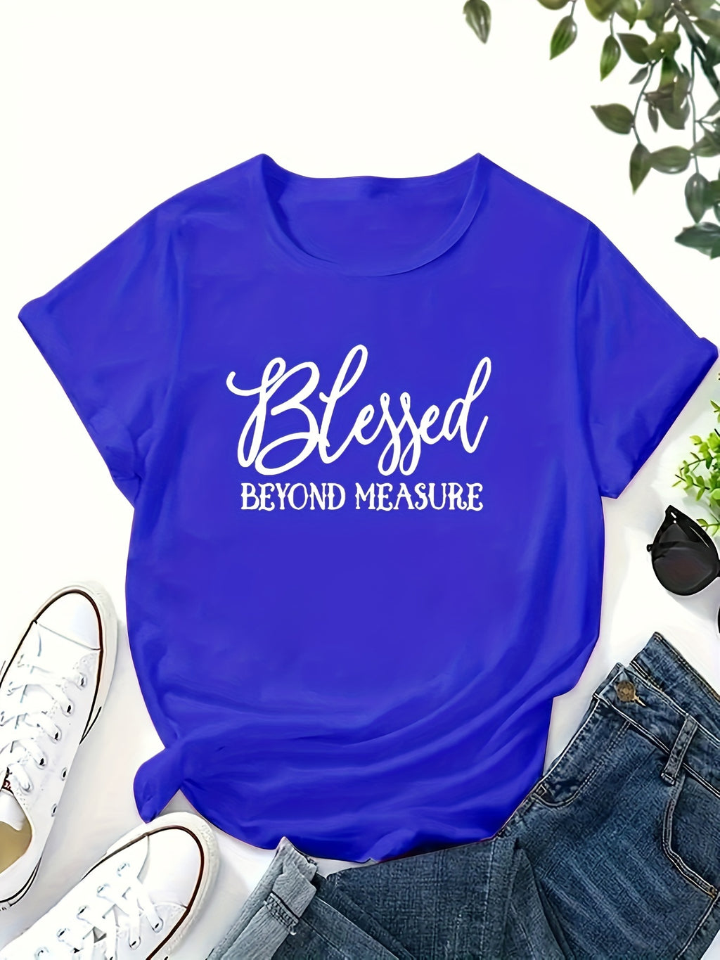 Plus Size Blessed Print T-shirt, Casual Short Sleeve Crew Neck Top For Spring & Summer, Women's Plus Size Clothing