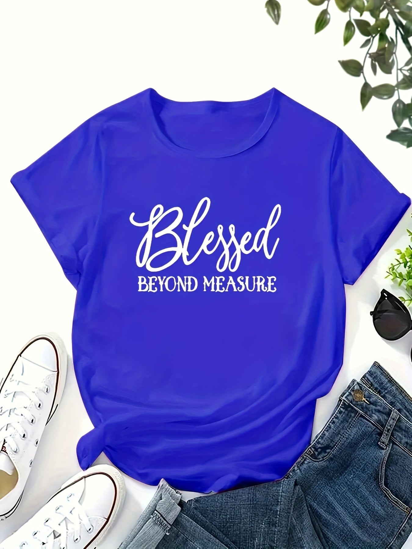 Plus Size Blessed Print T-shirt, Casual Short Sleeve Crew Neck Top For Spring & Summer, Women's Plus Size Clothing