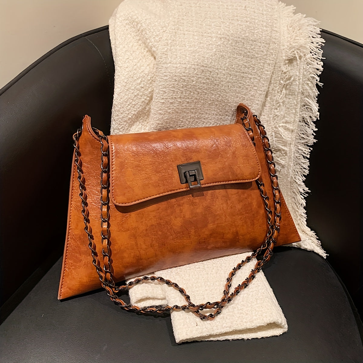 Vintage Glam Metal Chain Baguette Bag - Chic Underarm Purse with Premium Faux Leather Texture and Timeless Chain Strap - Versatile Fashion Accessory