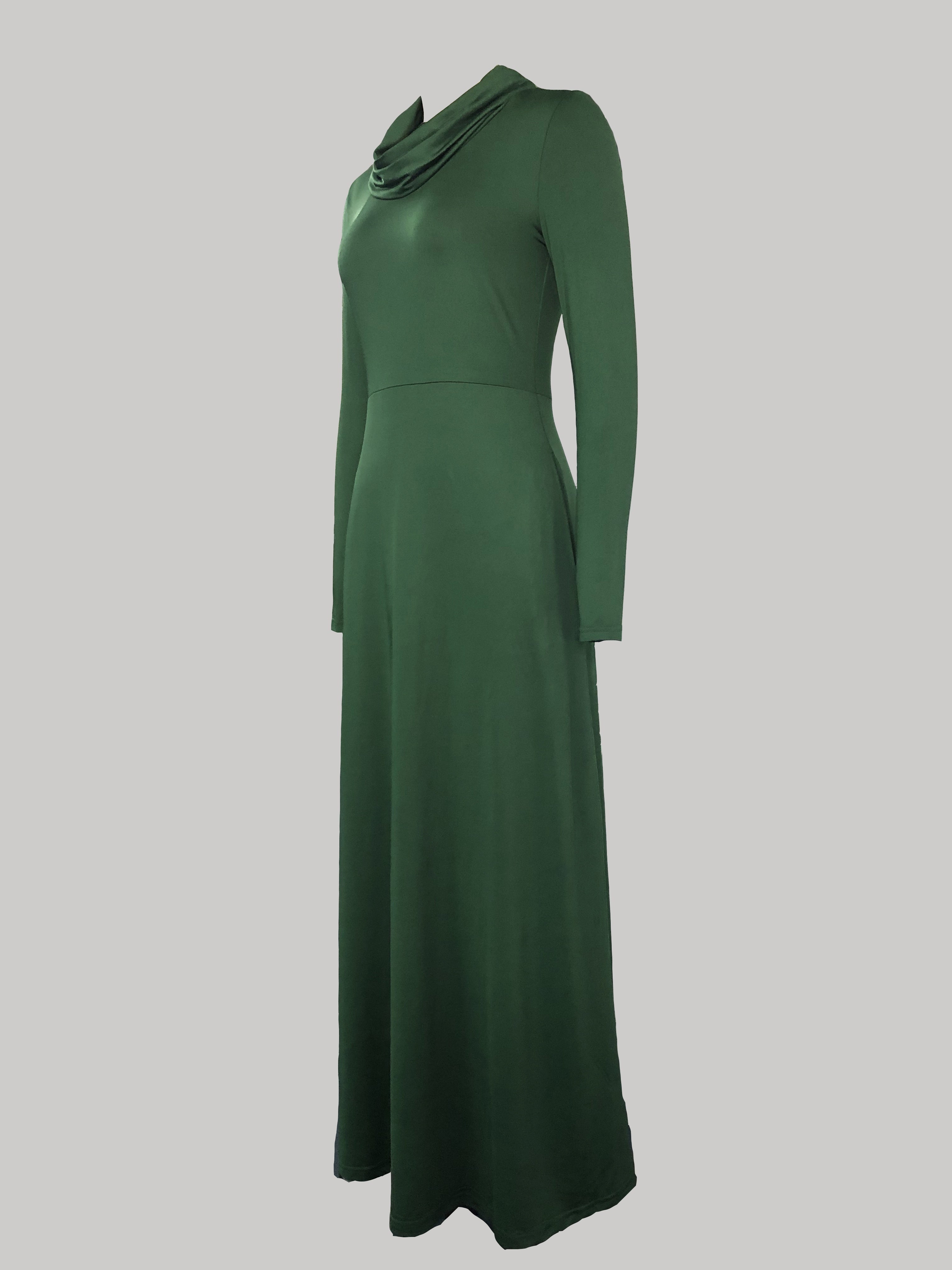 Elegant Solid Color Long Sleeve Maxi Dress with Pockets - Cowl Neck, Stretch Fabric, Machine Washable - Perfect for Spring & Fall, Directional Style, Slim Fit