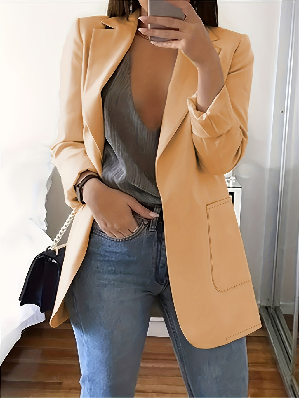Plus Size Solid Open Front Blazer, Elegant Lapel Long Sleeve Blazer For Office & Work, Women's Plus Size Clothing