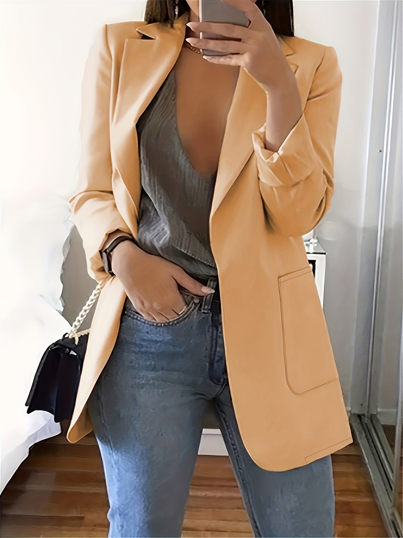 Plus Size Solid Open Front Blazer, Elegant Lapel Long Sleeve Blazer For Office & Work, Women's Plus Size Clothing