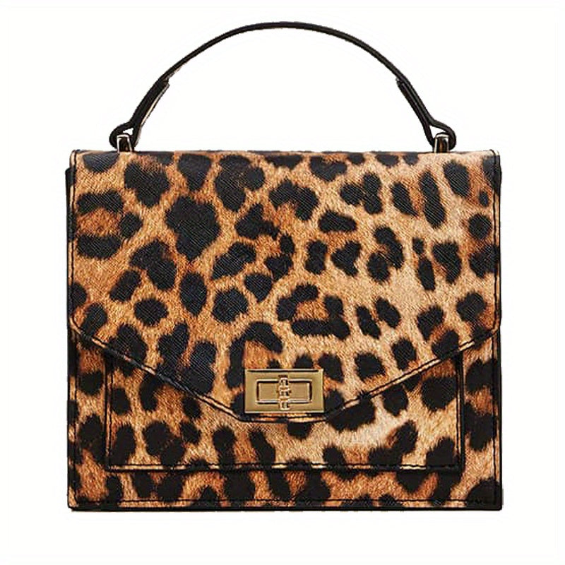 Leopard Print Handbag, Vintage Square Clutch Purse, Women's PU Leather Satchel Bag For Prom
