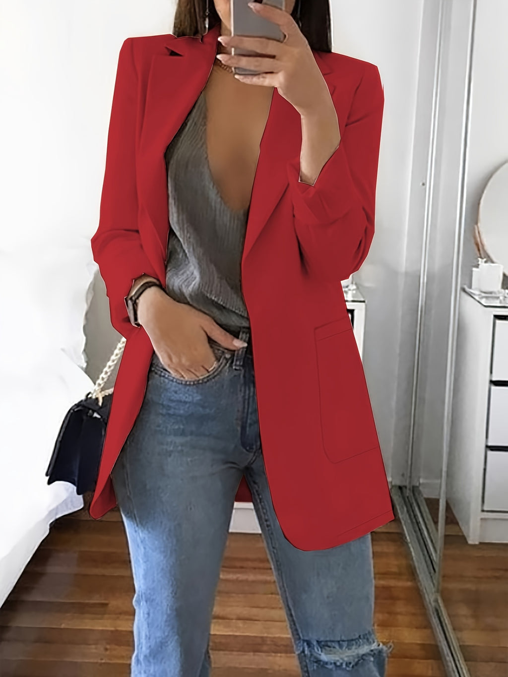 Plus Size Solid Open Front Blazer, Elegant Lapel Long Sleeve Blazer For Office & Work, Women's Plus Size Clothing