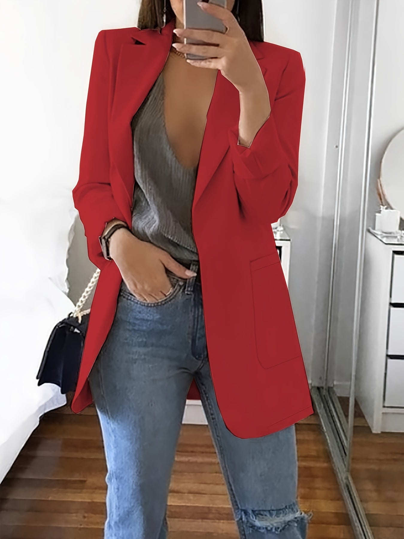 Plus Size Solid Open Front Blazer, Elegant Lapel Long Sleeve Blazer For Office & Work, Women's Plus Size Clothing