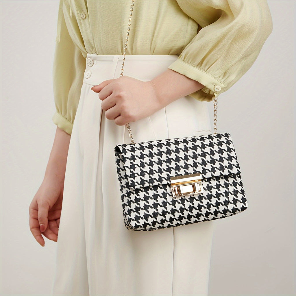 Houndstooth Crossbody Bag, Fashion Chain Shoulder Bag, Women's Flap Square Purse With Lock