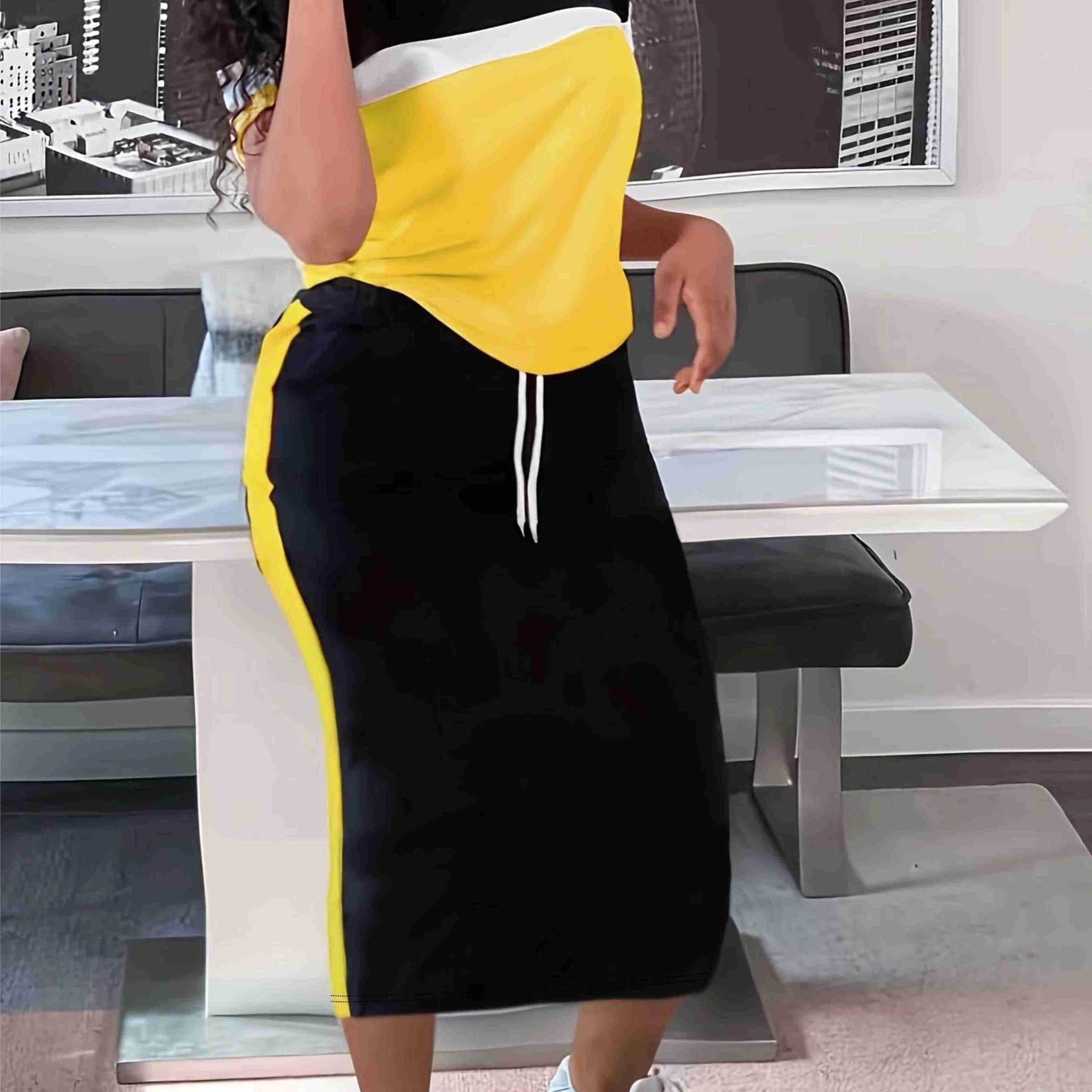 Plus Size Two-Piece Skirt Set - Crew Neck Short Sleeve Top & Drawstring Skirt Outfit with Slight Stretch, Solid Color, Knit Fabric - Comfortable, Casual, and Chic Womens Plus Size Clothing for Everyday Wear