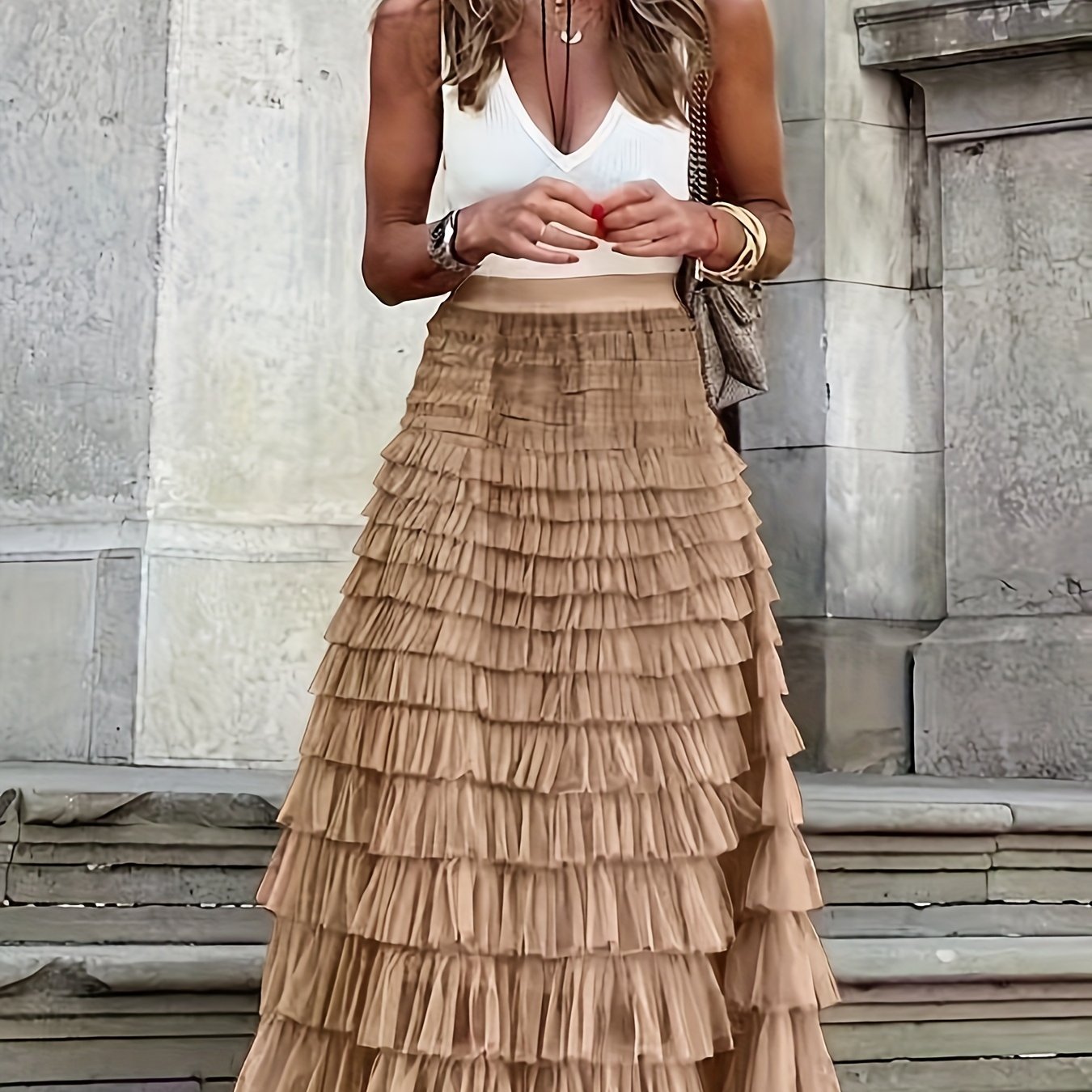Mesh Layered Hem Skirt, Boho High Waist Skirt, Women's Clothing