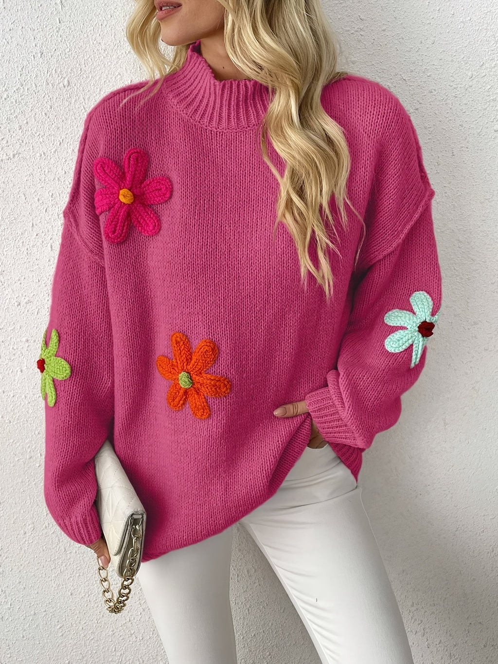 Plus Size Floral Applique Knit Sweater, Casual Long Sleeve High Neck Top For Fall & Winter, Women's Plus Size Clothing