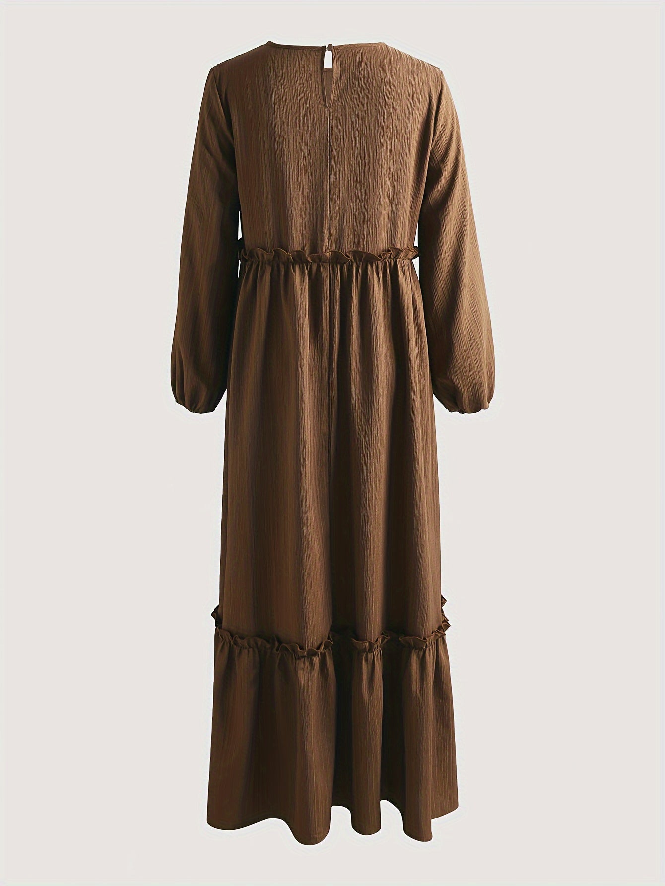 Ruched Trim Crew Neck Kaftan Dress Without Headscarf, Elegant Long Sleeve Ruffle Hem Loose Maxi Dress, Women's Clothing