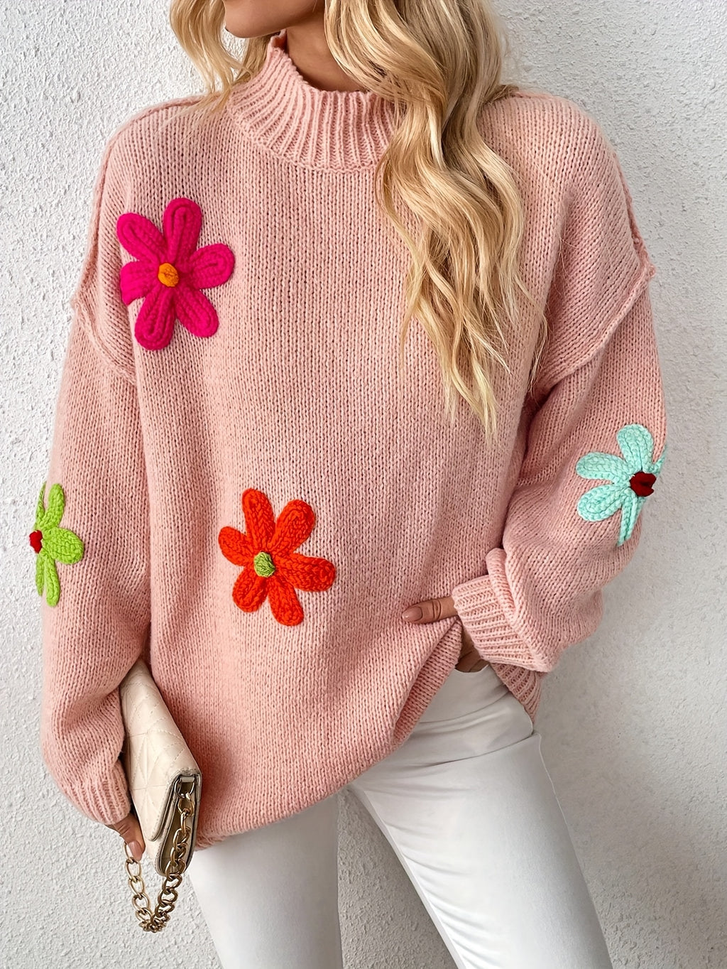Plus Size Floral Applique Knit Sweater, Casual Long Sleeve High Neck Top For Fall & Winter, Women's Plus Size Clothing